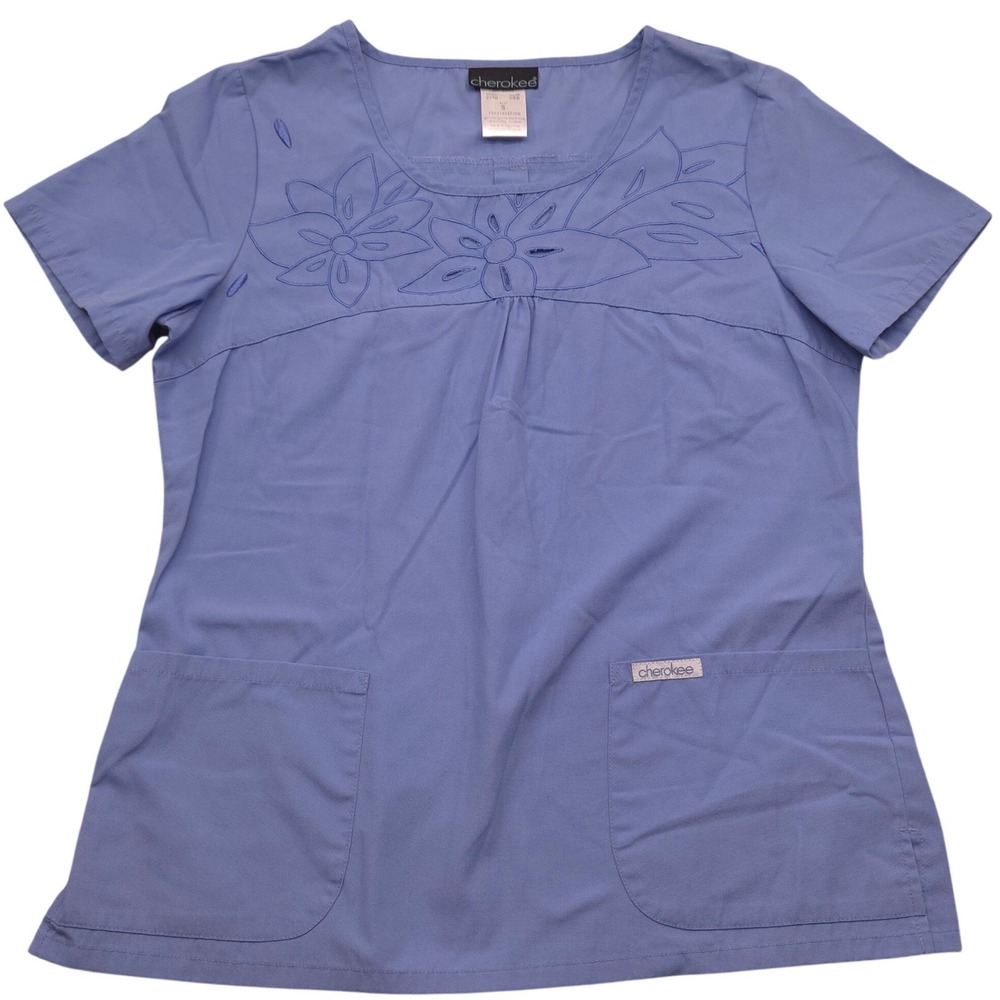 Cherokee Floral Scrub Top‎ Medical Uniform Short Sleeve Blue Women Small